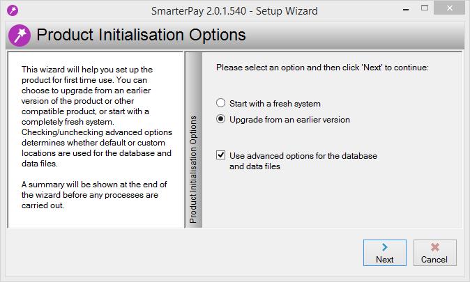 Select to upgrade from an earlier version and select Use advanced options for the database