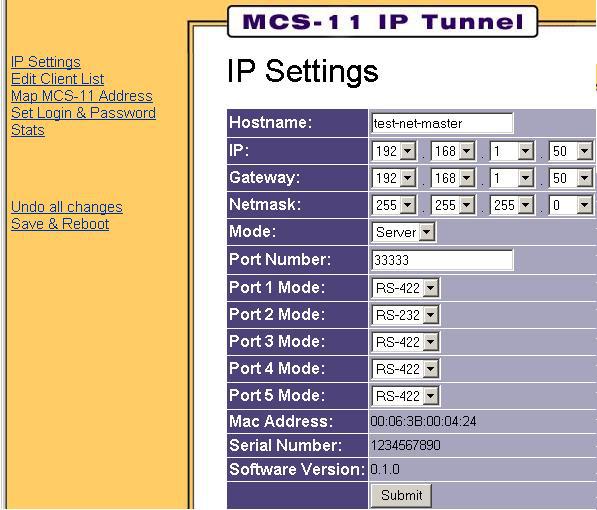 Since this is the initial configuration for the IP Tunnel, enter http://192.168.1.200 into the browser URL (address) device and press Enter. The Master MCS-11/IP Tunnel window will appear.