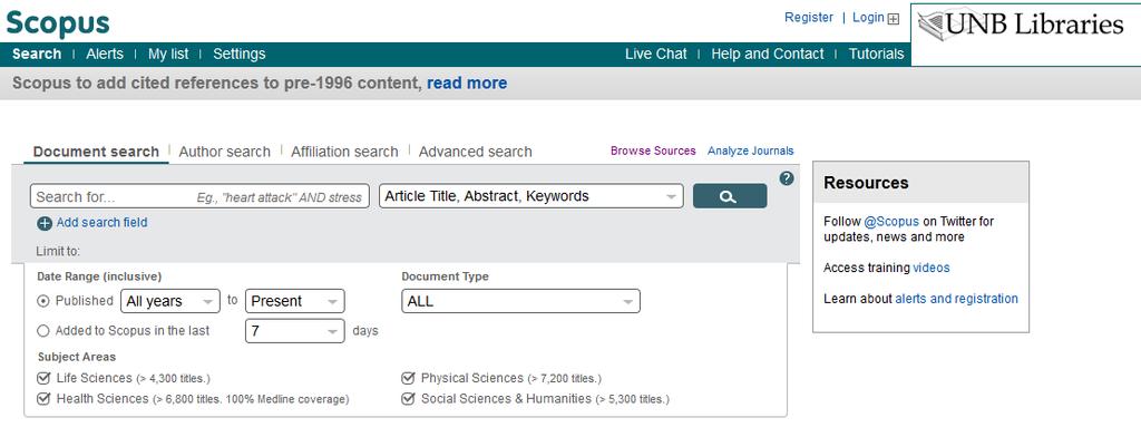 Scopus Accounts Scopus allows users to create accounts in order to preserve information from one search session to the next.