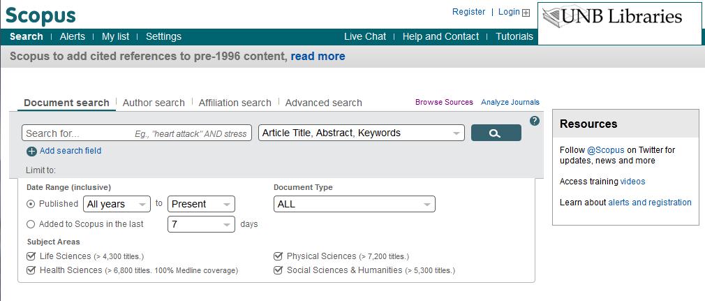 Scopus User Interface Below is the main search window that appears upon arrival at the Scopus database.