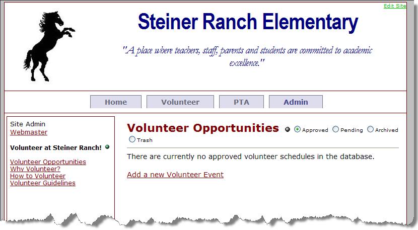 Volunteer Schedule Content Create a Schedule 1. Log In (important). 2. Click on Volunteer at the top of the page. You will see a red Edit Bug.