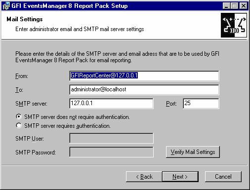 6. Specify the details of the SQL Server which is hosting your GFI EventsManager database backend.