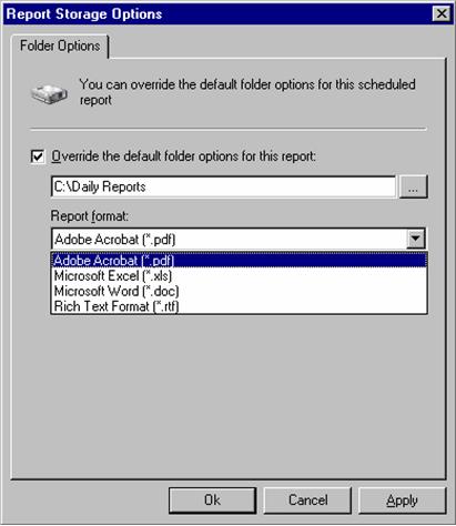 Screenshot 36 - Advanced Settings: Export to file options 8. Select the option Override the default folder options for this report: 9. Specify the complete path where this report will be saved i.e. C:\Daily Reports.