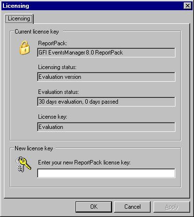 Screenshot 44 - Licensing dialog 4. Type in the GFI EventsManager license key. 5. Click on OK to finalize your entry.
