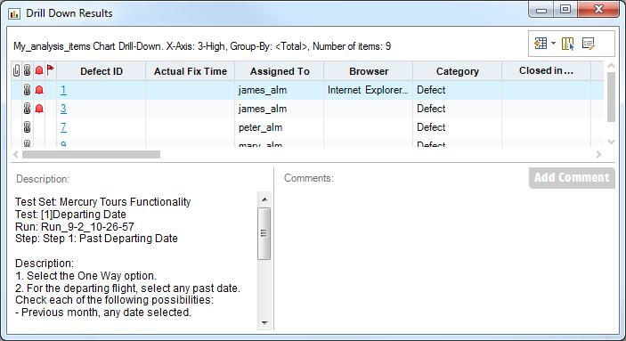Chapter 8: Analyzing ALM Data c. Click Save. The Defects Summary graph is saved in the analysis tree, and displayed in the View tab. 11. Display additional defect details. a. Click a bar in the graph.