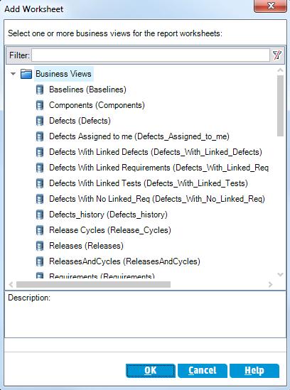 Chapter 8: Analyzing ALM Data 4. Generate the business view report in Excel. a. Click Add. The Add Worksheet dialog box opens. b. Select Defects.