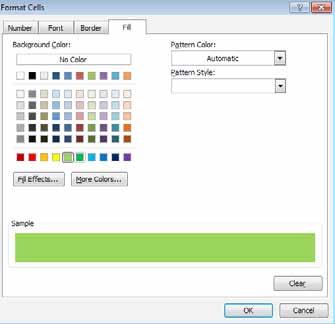 7. When the Format Cells window appears, select the Fill tab. Then select the color that you d like to see the dates that will expire in the next 30 days. In this example, we ve selected green.