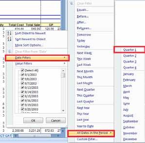 Process (Excel 2007): 1. Open your sales report into Excel. 2. Open the PivotTable field list. 3. Hover over the words Date in the top of the PivotTable Field List and you see a drop-down appear. 4.
