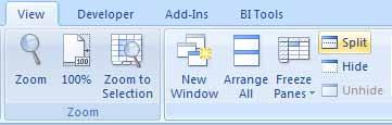 4. To remove the split, double-click any part of the split bar that divides the panes. 5. Alternatively select the View tab under the windows group then click Split (Excel 2007 and 2010).