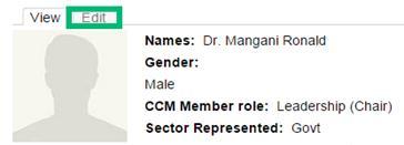 Editing the CCM member details Select edit on the CCM members page. And update the fields with the CCM member details. The fields specific to CCM members are 1. Names, 2. Gender, 3.