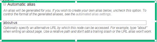 Editing content revision. This is an explanation of the additions or updates being made on the content. Click on create new revision and enter a log message Editing automatic alias.