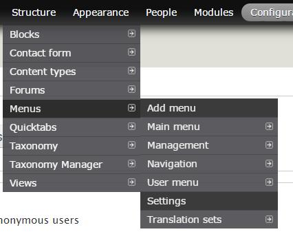 Content Management - Menus Drupal Menus can be set when adding content, or you can add in new menu items manually.