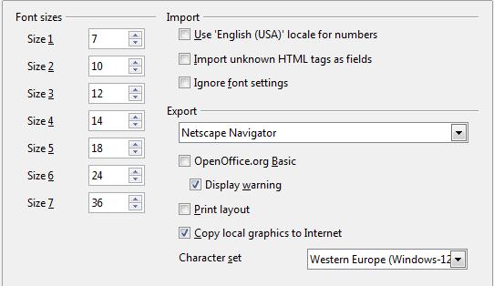 Figure 19: Choosing HTML compatibility options Import - Import unknown HTML tags as fields Select this option if you want tags that are not recognized by OOo to be imported as fields.