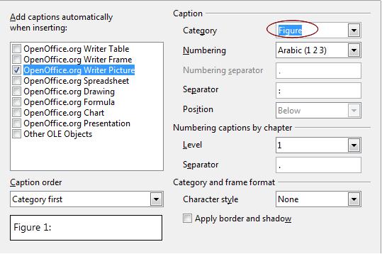 AutoCaption options Do you want OOo to automatically insert captions for tables, pictures, frames, and OLE objects that have been inserted in a Writer document?
