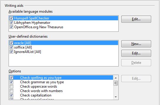 Figure 35: Choosing languages, dictionaries, and options for checking spelling Note OpenOffice.