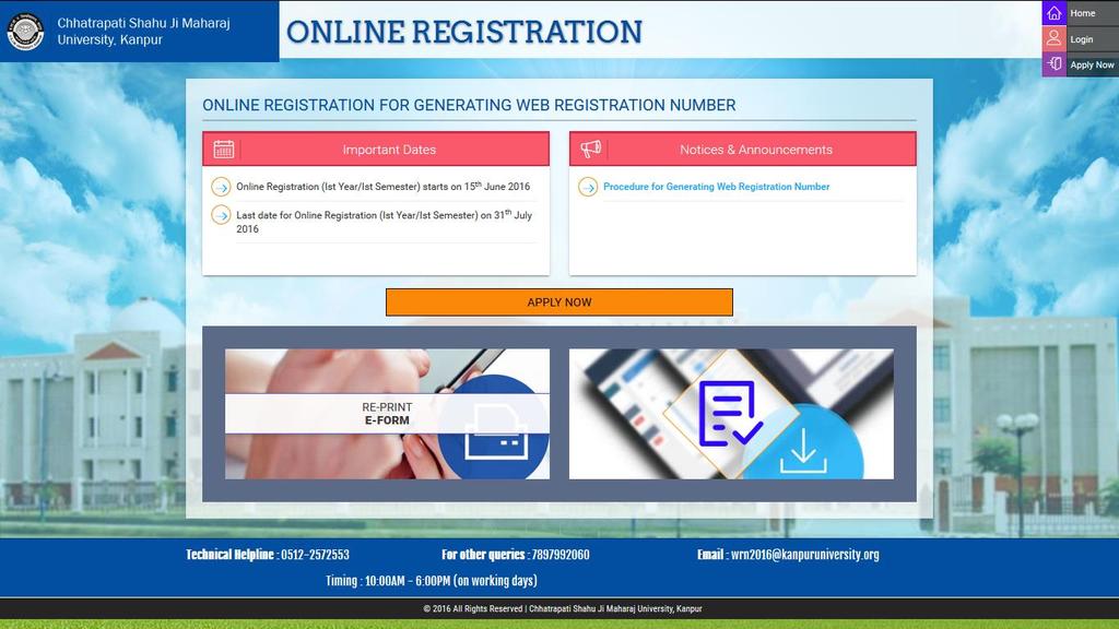1. Home Page Open the website of the University http://kanpuruniversity.org/ in browser. Then click on the link Generate Web Registration Number.