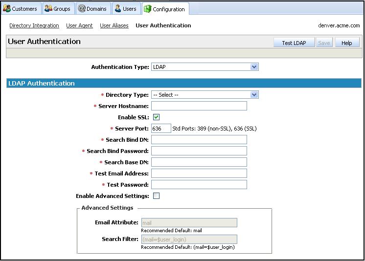 Adding and managing users Defining how users can sign in 4 4 From the Authentication Type drop down box, select LDAP. The LDAP Authentication fields are displayed.
