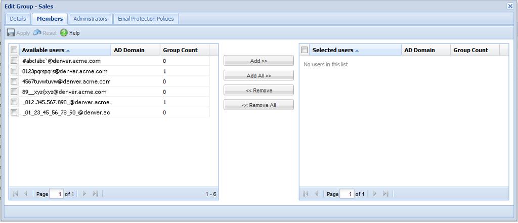 5 Managing groups Add users to a group 3 Click Members. A list of users available for the group is displayed. The AD domain of each user, if any, is displayed.