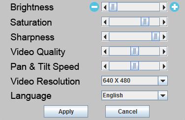 6. Use the slider controls to change the image brightness, saturation, sharpness, video quality and pan & tilt