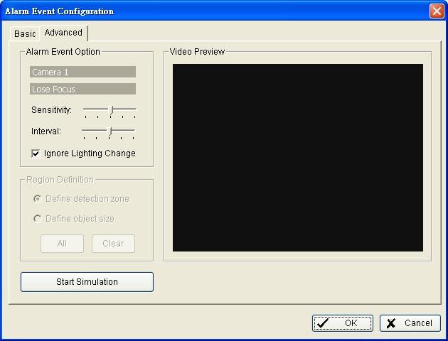 Guard Event - Camera Occlusion Sensitivity Interval Ignore Lighting Start Simulation Advanced setting Sensitivity: Click and move the control bar to the right to increase sensitivity, that is, a