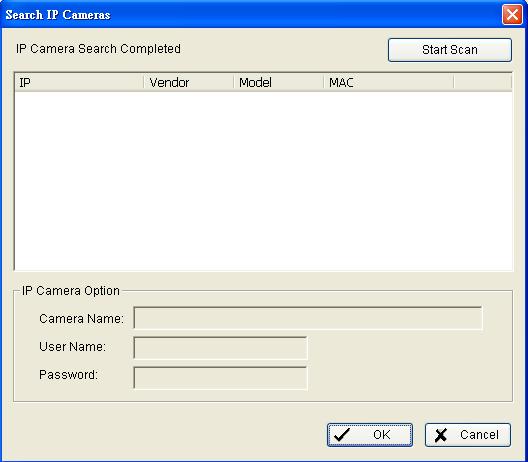 Config Setting - IP Camera Search Insert Delete Config Search: Click on the Search icon to obtain the Search IP Camera panel.