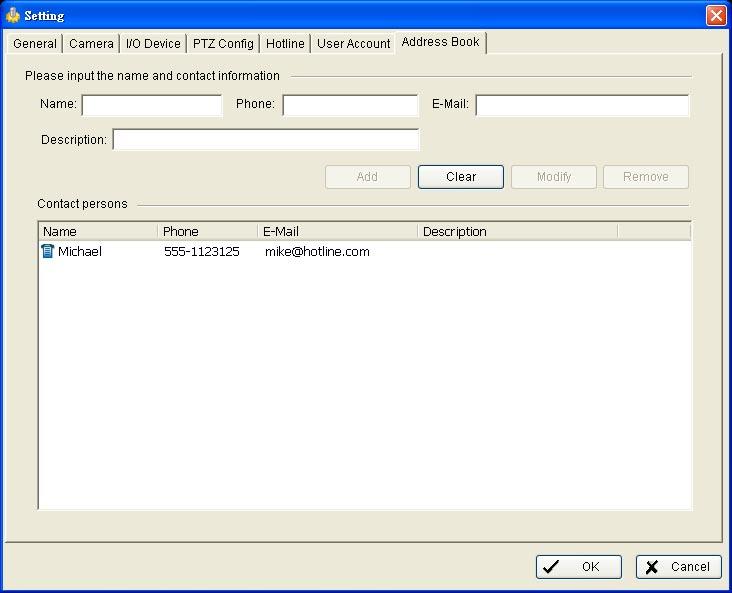 Config Setting - Address Book *Address Book is only in IP CamSecure Pro/Pro Plus.