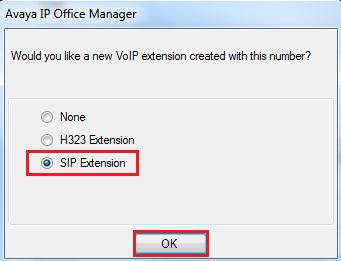 On the subsequent screen, ensure that SIP Extension is selected and click on OK to create the SIP extension along with the new user.