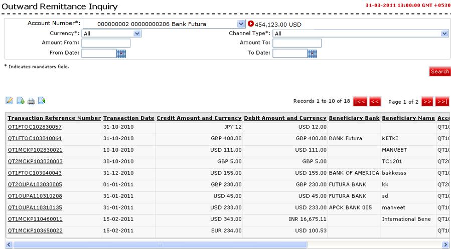 Outward Remittance Inquiry Channel Type [Mandatory, Drop-Down] Select the channel type from the drop-down list. Amount From [Optional, Numeric, 15] Type the minimum amount range for search criteria.