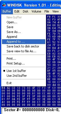 Save buffer as Figure 5 Append to a file DISK editing: Windisk can be used to view and edit disk or volume sectors When in disk edition mode, you can set your editor at a particular sector offset