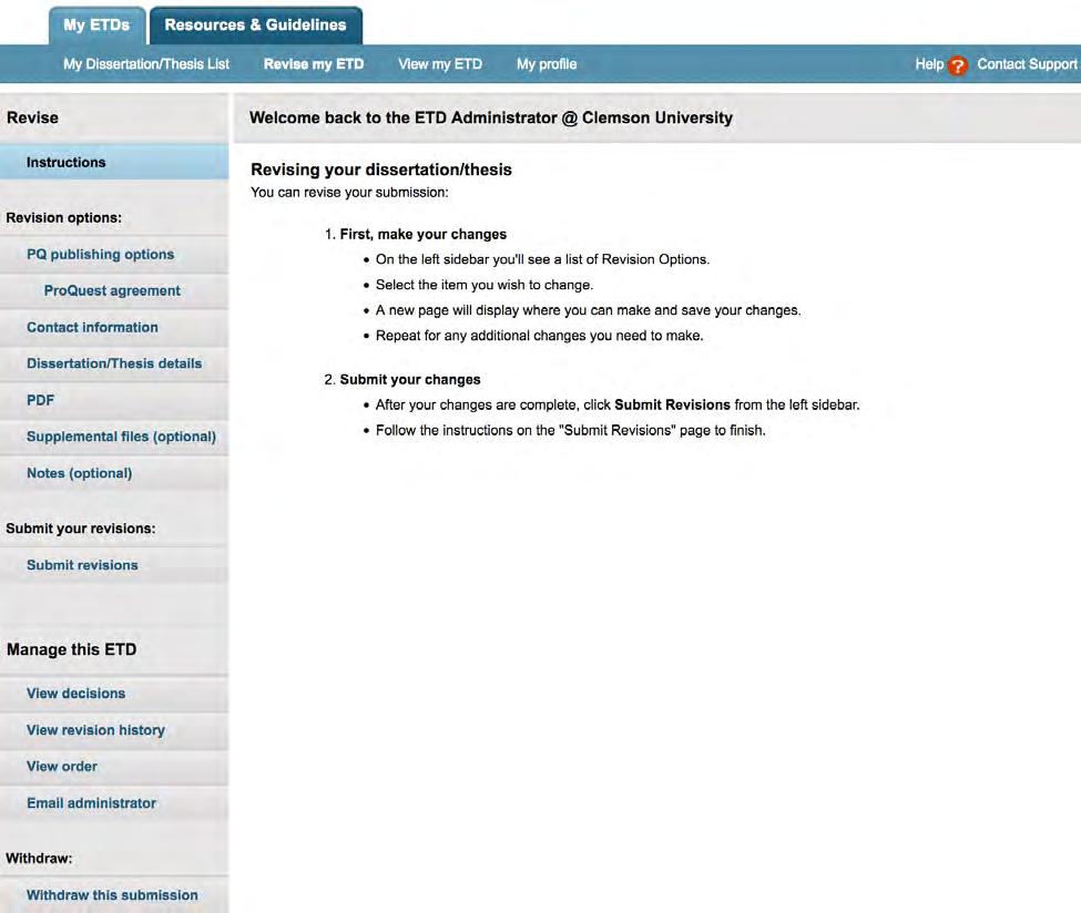 4b. My ETDs revision screen and instructions Here s what you will see after submission, when you log back in to make revisions or to check your status.