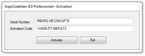Activating AspxCodeGen 4.0 The first time you open AspxCodeGen 4 Professional Plus edition you will be presented with an activation form as shown in Figure 1.