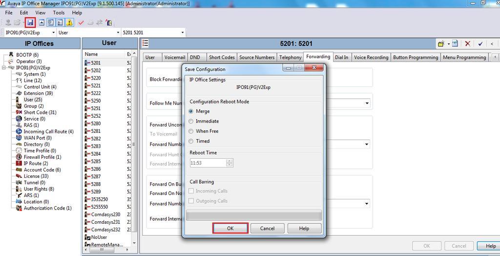 5.4. Save Configuration Once all the configurations have been made it must be saved to IP Office.