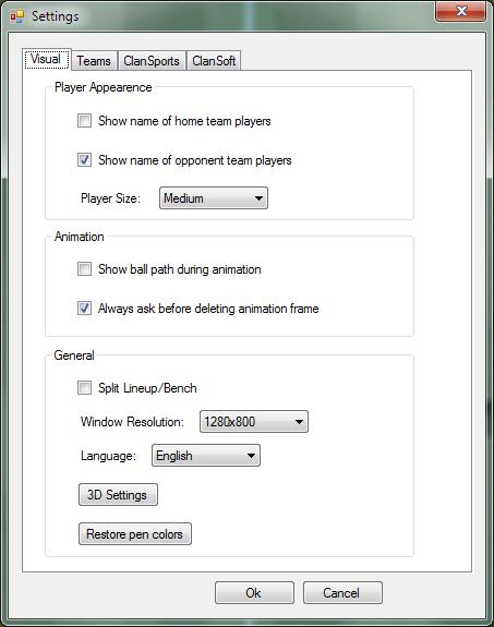 The settings window (below) has four tabs: Visual, Teams, Home Team and Away Team Visual: This tab has the following options: - Show name of