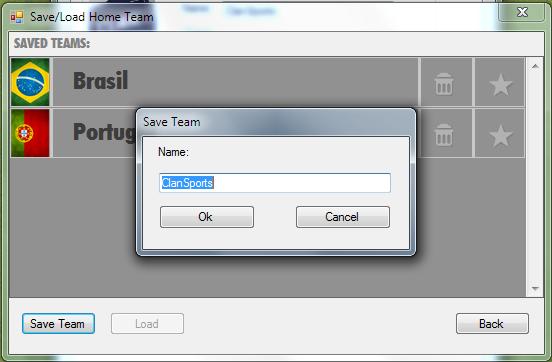 To store a team: - Define team s name, roster, badge and colors - Press 'Save/Load Team' button - In the following window (below) press 'Save Team', type a reference name