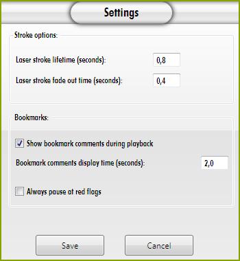Settings The settings menu is accessed by pressing (located in the main Video Analysis tool window) and allows user to change pen and bookmarks settings.