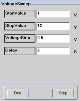 Voltage Sweep: To set voltage sweep. For example, StartValue=1V, Stop Value=12V, Voltage Step=0.5V, TimeDelay=2s.
