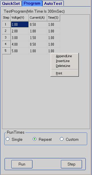 voltage sweep. 3. Program setting Program: Right-click on the Program area, the program tools (AppendLine, Insert Line, DeleteLine) will appear on the window.