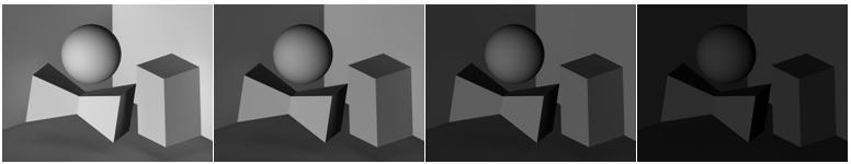 Light is only bounced at most times before entering the camera. In the right images, the albedo value of the right image is half of that for the middle image.