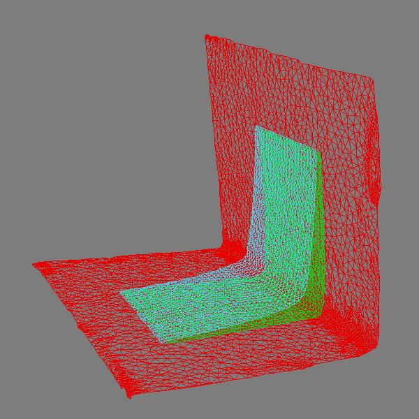Figure 7. Comparison of reconstructed shapes. These are different views of the reconstructed angle. The red one is the ground truth shape obtained by laser scanner.