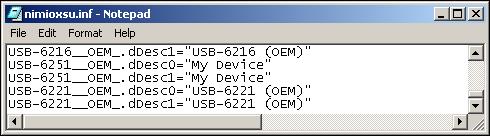Change the descriptor on both lines to the new device name, as shown in Figure. Original File Modified File Figure. INF File Descriptors Changed to My Device (Windows 000).