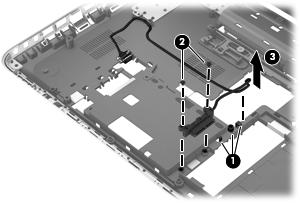 4. Turn the computer right side up, with the front toward you. 5. Open the computer. 6. Release the optical drive connector cable from the clips (1) built into the base enclosure. 7.