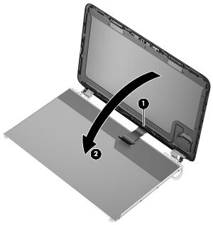 b. Lift the top edge of the display panel (1), and then swing it forward (2) until it rests upside down in