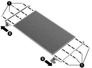 8. If it is necessary to replace the display hinges: a. Remove the eight Phillips PM2.0 2.0 screws (1) that secure the display hinges to the display panel. b. Remove the display hinges (2).