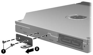 7. Remove the two Phillips PM2.0 4.0 screws (1) that secure the bracket to the optical drive. 8.