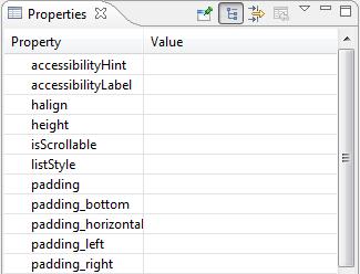 Properties View Use the Properties view to edit key-value pairs, such as XML attributes, binding parameters, tile containers, tile layouts, UI elements, and so on.