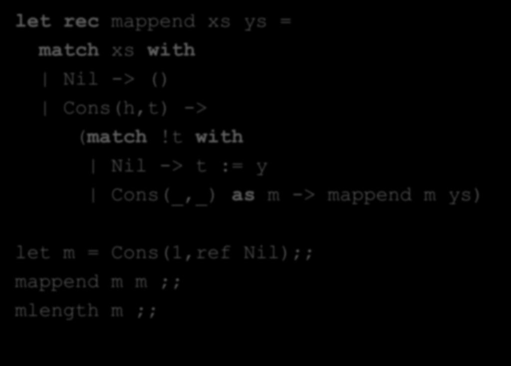 Another Example: let rec mappend xs ys = match xs with Nil -> () Cons(h,t) -> (match!