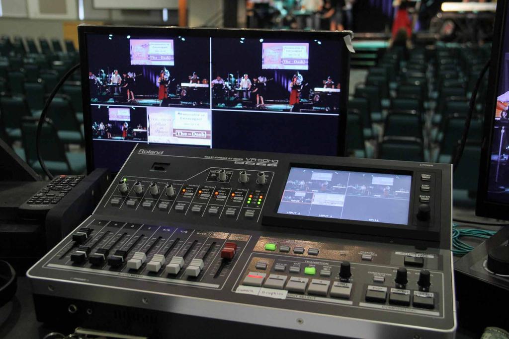 Bon Air Baptist s new Panasonic AW HE130 remotely controlled PTZ (pan-tilt-zoom) cameras feed into a Roland VR-50HD Multi-Format AV Mixer for live camera switching.