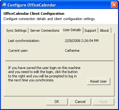 The User Details Tab The User Details tab, found in the Configure OfficeCalendar dialog box, shows when the last OfficeCalendar synchronization (Last synchronization) was performed by the