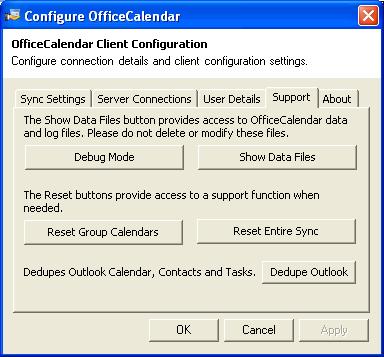 The Reset Group Calendars and Reset Entire Sync buttons provide access to a support function when needed. This routine should only be run under the direction of an OfficeCalendar staff member.