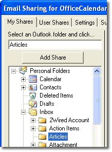 2. Next, click the Add Share button above the displayed Outlook folder list. 3.